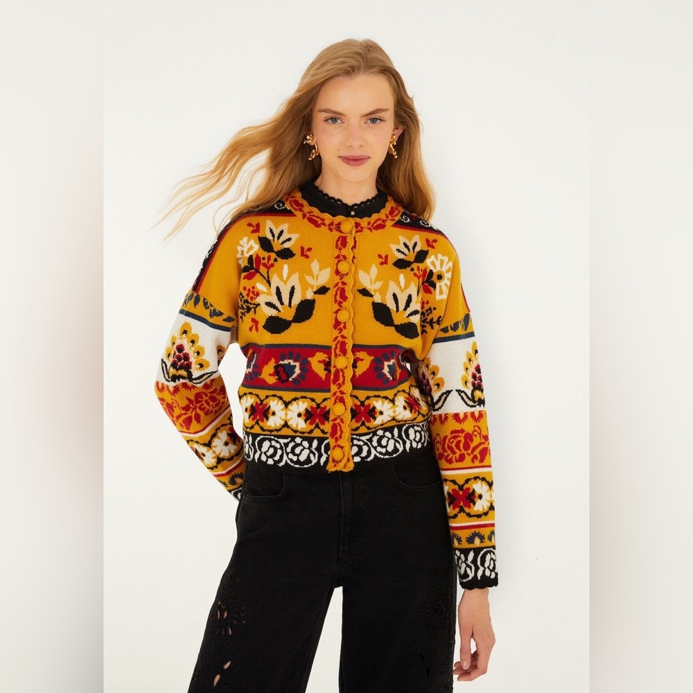 Farm Rio Multicolor Folk Stitched Knit Cardigan